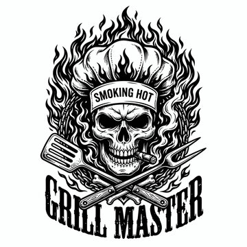 Vintage Grill Master skull logo, smoking hot chef mascot with fire, barbecue restaurant emblem vector, black and white BBQ art