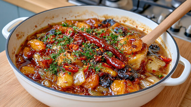 Medium shot of a large cooking pot filled with simmering ingredients for chamoy sauce, softened dried mango, apricots, prunes, chili peppers and fragrant spices cooking together, rich red liquid bub