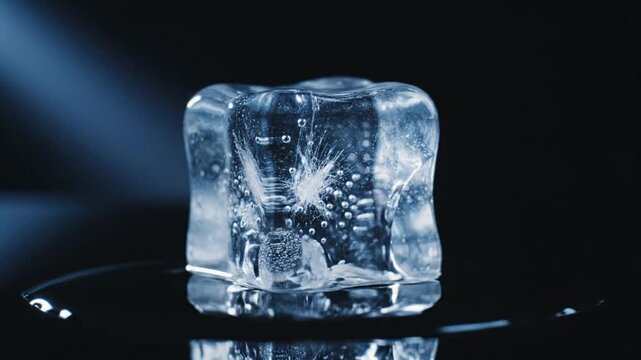 Clear Water Pouring Over A Melting Ice Cube Against A Dark Background