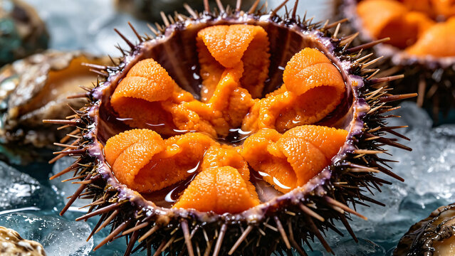 Single fresh sea urchin shell split open revealing five vibrant orange uni lobes surrounded by ice shards and other spiky shells with seawater glistening.