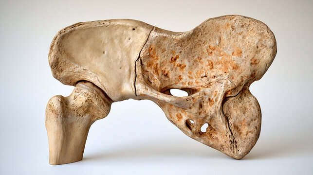 Museum-quality scientific 3D model displaying healthy hip bone anatomy on the left and advanced cancerous bone changes on the right, dramatic contrast between smooth compact bone and distorted fragi
