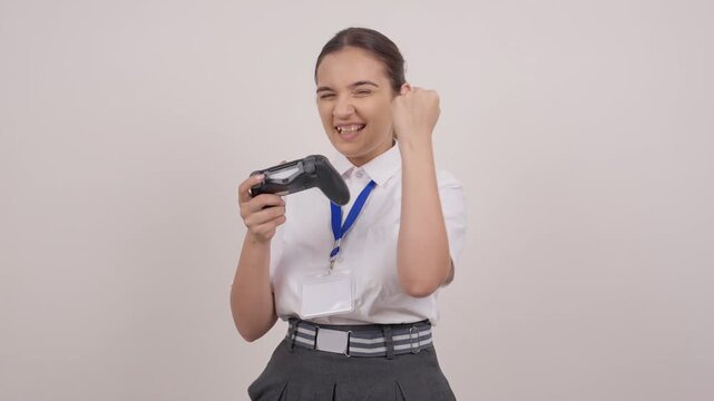 Indian Schoolgirl Playing Game with Controller and Winning