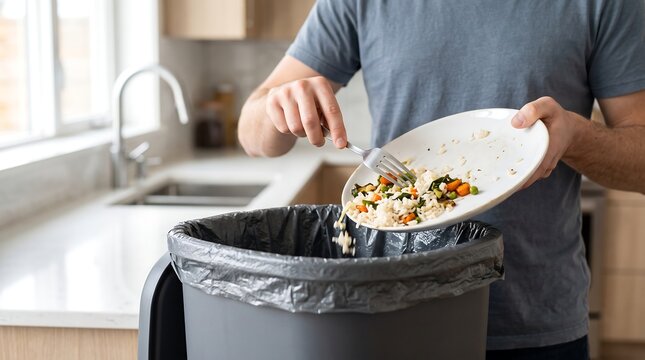 A person scraping leftover food from a plate into a kitchen trash can, highlighting food waste.