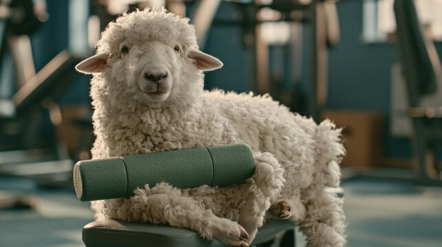 Sheep with Foam Roller Resting on Gym Weight Bench
