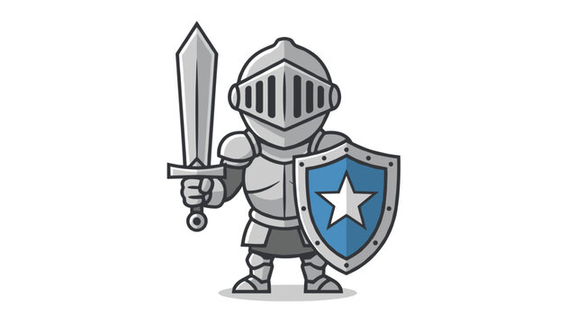 Cute chibi knight character standing proudly in full silver armor holding a long sword and a blue star shield.