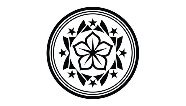 Circular black and white graphic emblem featuring a five-petal cherry blossom style flower surrounded by stars.