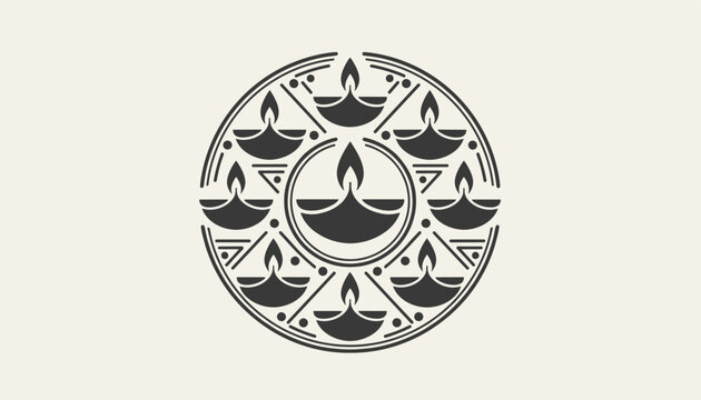 Beautiful circular mandala design composed of traditional oil diya lamps for indian diwali festival celebrations.