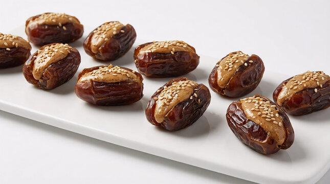 Healthy gym snacks consisting of pitted dates stuffed with almond butter and topped with sesame seeds arranged neatly on a white serving tray for a healthy diet.