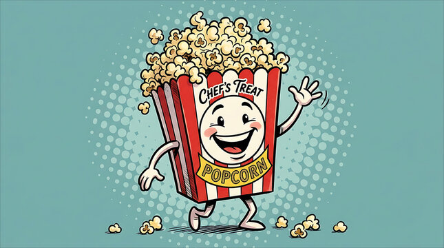Creative retro pop art illustration featuring an animated popcorn box mascot character waving happy hello with popcorn kernels popping out, retro halftone background.