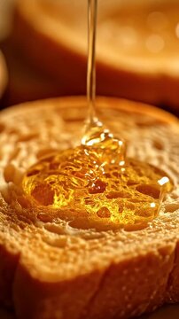 Golden honey pouring onto toasted artisan bread slice.