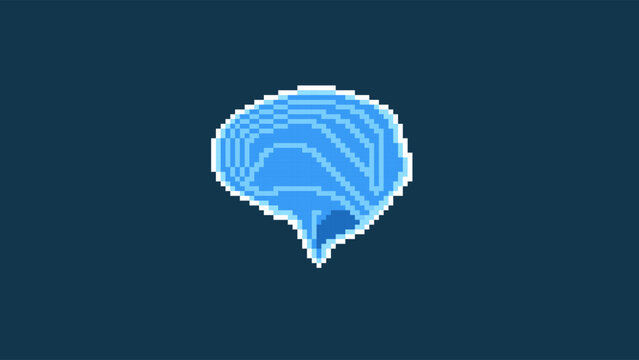 Pixel brain icon with blue gradient layers, isolated on a dark blue background, retro sci-fi style 8-bit