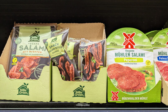 Dossenheim, Germany - April 7th 2026: Vegan salami sausage products on supermarket shelf. Plant based meat alternative and modern food trend