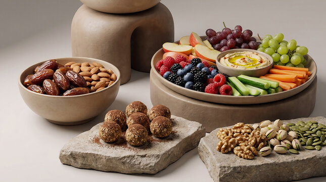 A curated collection of healthy gym snacks featuring hummus with fresh vegetables, assorted nuts, dates, and energy balls for a nutritious pre-workout meal