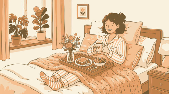 Woman relaxing with cozy bedside breakfast with depicts cheerful woman enjoying leisurely breakfast bed surrounded soft lighting comforting home decor