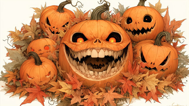 Creepy Halloween Pumpkins with Human Teeth Among Autumn Leaves