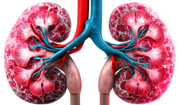 Anatomical illustration of human kidneys showing detailed structure of nephrons, renal arteries, and veins. Vivid colors highlight complex network and function of urinary system., isolated