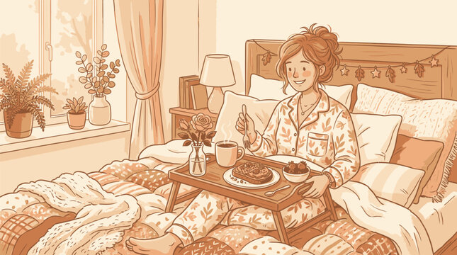 Warm morning relaxation with breakfast in cozy bedroom setting with surrounded soft lighting comforting decor elements floral patterns natural accents
