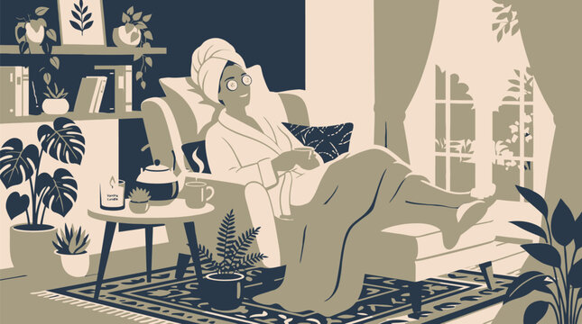 Relaxing woman in robe sipping tea amidst cozy indoor spa setting with plants with depicts serene indoor scene where woman lounges robe soft lighting tranquil