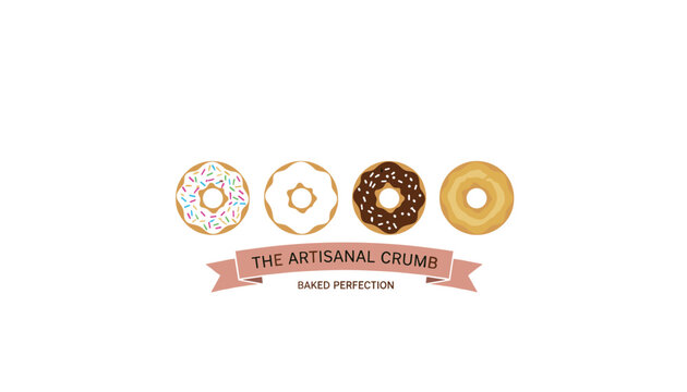 Beautiful donut bakery logo design featuring four delicious glazed and sprinkled donuts over a retro ribbon banner.