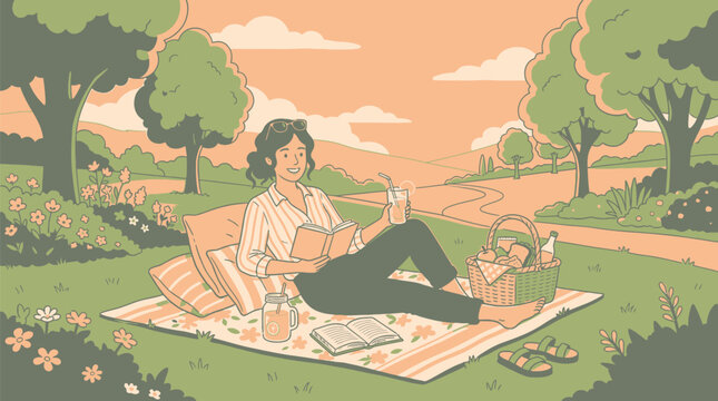 Relaxed woman reading book during sunny outdoor picnic amidst blooming meadow with holding book beverage while surrounded cozy spread snacks wicker basket