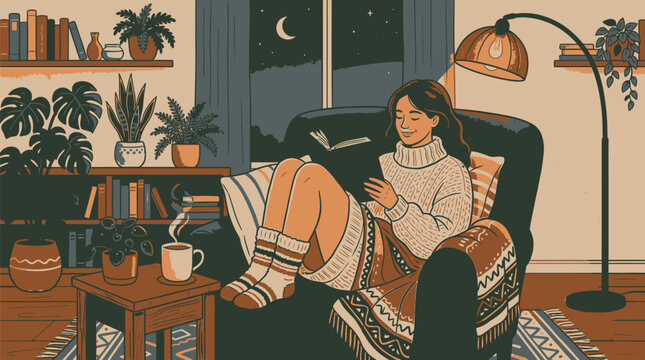 Relaxed person enjoying cozy evening reading by warm lamp light with depicts serene indoor scene where person sits comfortably lounge chair engrossed book surrounded