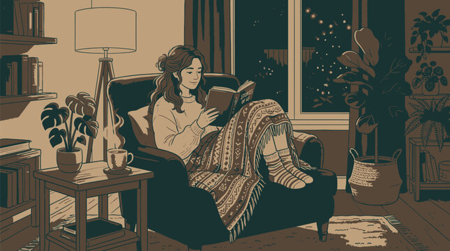 Cozy evening reading with warm lighting with engrossed reading book while wrapped patterned blanket surrounded soft lighting lounge chair engrossed