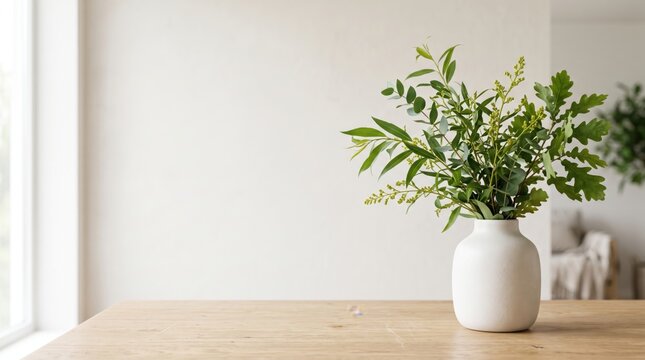 White ceramic vase filled with green leafy branches sitting on a light wooden table against a plain white wall in a sunlit room
