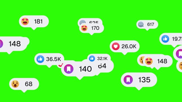 Social Media Engagement Reactions and Notification Icons Animation. Green Screen chroma key background.