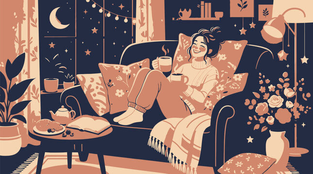 Cozy evening relaxation with warm beverage and book in stylish living room with depicts serene indoor scene where person lounges comfortably armchair