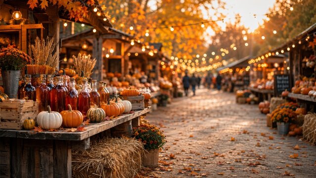 Rustic Autumn Harvest Market with Pumpkins, Bottles and Warm String Lights