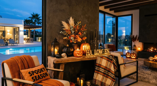  Halloween interior with carved pumpkins, glowing candles, lanterns and seasonal autumn decor on a mantel beside a fireplace, plaid throws and a pool-lit outdoor view at dusk.