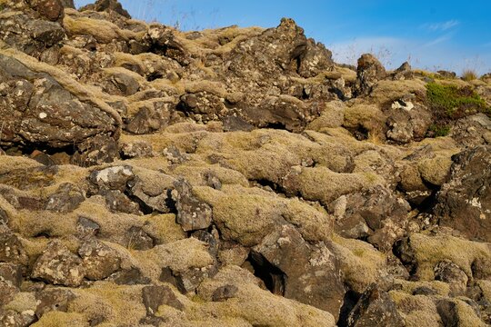 A picturesque cliff coastline between the villages of Hellnar and Arnarstapi in western Iceland.