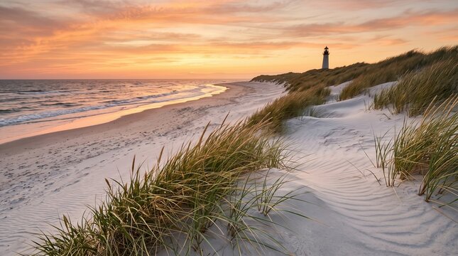 White sand dunes with tall beach grass leading to a distant lighthouse on a coastal shore under a soft orange and pink sunset sky with gentle ocean waves rolling onto the sandy beach