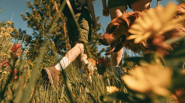 Two people walk a dog in a grassy area