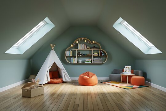 Spacious kids playroom in attic with slanted ceiling skylights tent bean bag and bookshelf interior design playroom children interior bookshelf skylight flooring apartment creative childhood
