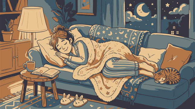 Relaxed person sleeping cozily on comfortable couch with cat with depicts serene indoor scene where person peacefully sleeping plush sofa cat curled beside them open book nearby