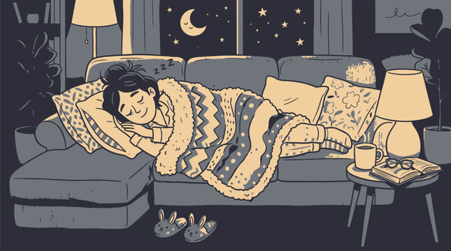 Relaxed person asleep on cozy sofa with warm blanket with wrapped soft blanket under warm indoor lighting night sky view outside peacefully sleeping comfortable