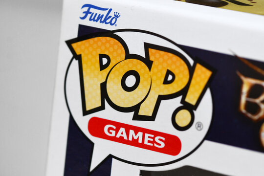 Germany, May 4th 2026: Close up of Funko Pop Games logo on collectible box