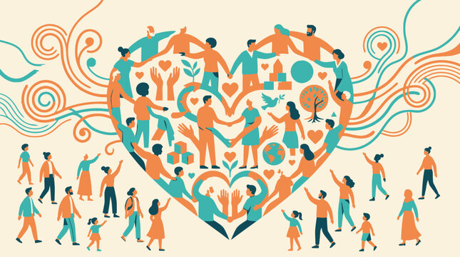 Diverse community united by global harmony and human connection in colorful vector art with depicts vibrant illustration interconnected people forming heart shape