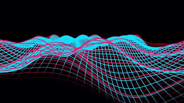 Dynamic abstract digital landscape of glowing wireframe waves, representing complex data structures and technological advancement with a futuristic neon aesthetic