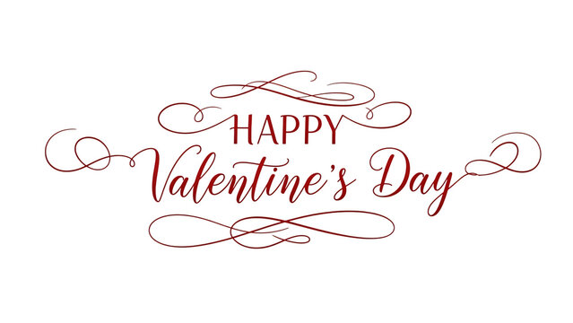 Happy valentines day romantic greeting in red and white calligraphy script lettering with decorative swirls for holiday card isolated on a transparent background