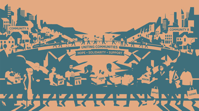 Illustrated volunteers bridging communities with shared resources with depicts stylized illustration diverse volunteers crossing bridge between two communities