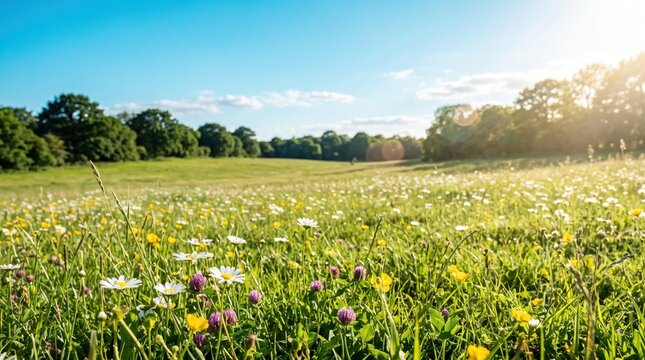 Wildflowers including white daisies and purple clover blooming in a lush green meadow under a bright blue sky with sun flare and distant trees on the horizon during a sunny summer afternoon