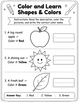 Educational Color and Learn Shapes and Colors Worksheet for Kids with Coloring and Writing Exercises