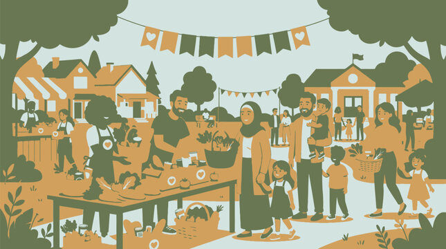 Community gathering with depicts lively outdoor community event where people gather around tables laden fresh vegetables celebrating together