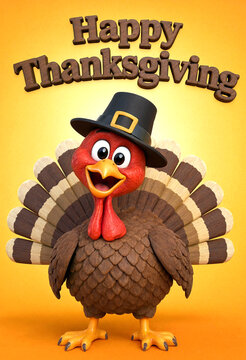 Cute cartoon turkey wearing a pilgrim hat smiling happily for thanksgiving celebration greeting card design