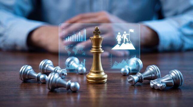 Strategic business leadership concept, golden chess king standing among fallen silver pawns