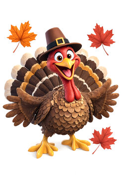 Cute cartoon turkey wearing a pilgrim hat surrounded by colorful autumn leaves smiling happily