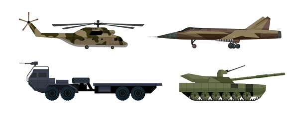 Fototapeta premium Vector collection of military vehicles including a camouflage helicopter, fighter jet, armored truck, and combat tank for defense and army design projects.