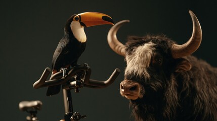 Naklejka premium Toucan Perched on Bicycle Handlebar Beside Horned Yak